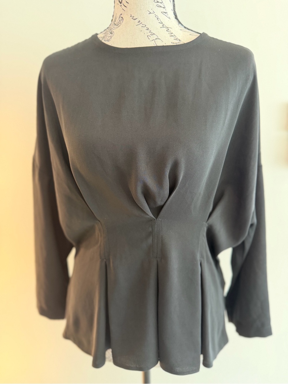 Topshop Charcoal Long-Sleeve Pleated Waist Blouse